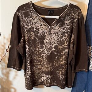 new directions Brown Patterned V-Neck Long Sleeve Tee